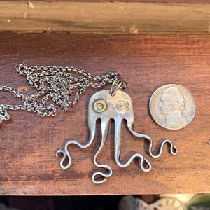 Hand forged Silver Plated Octopus Pendant made from antique fork, watch gears